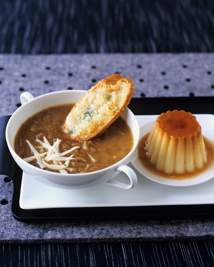 French onion soup with cheese on toast and crème caramel