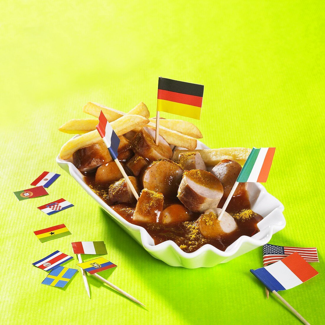 Currywurst sausage with flags