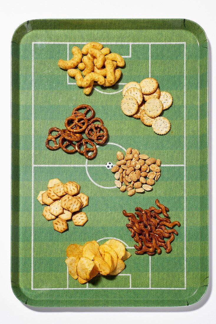 Nibbles on football pitch tray