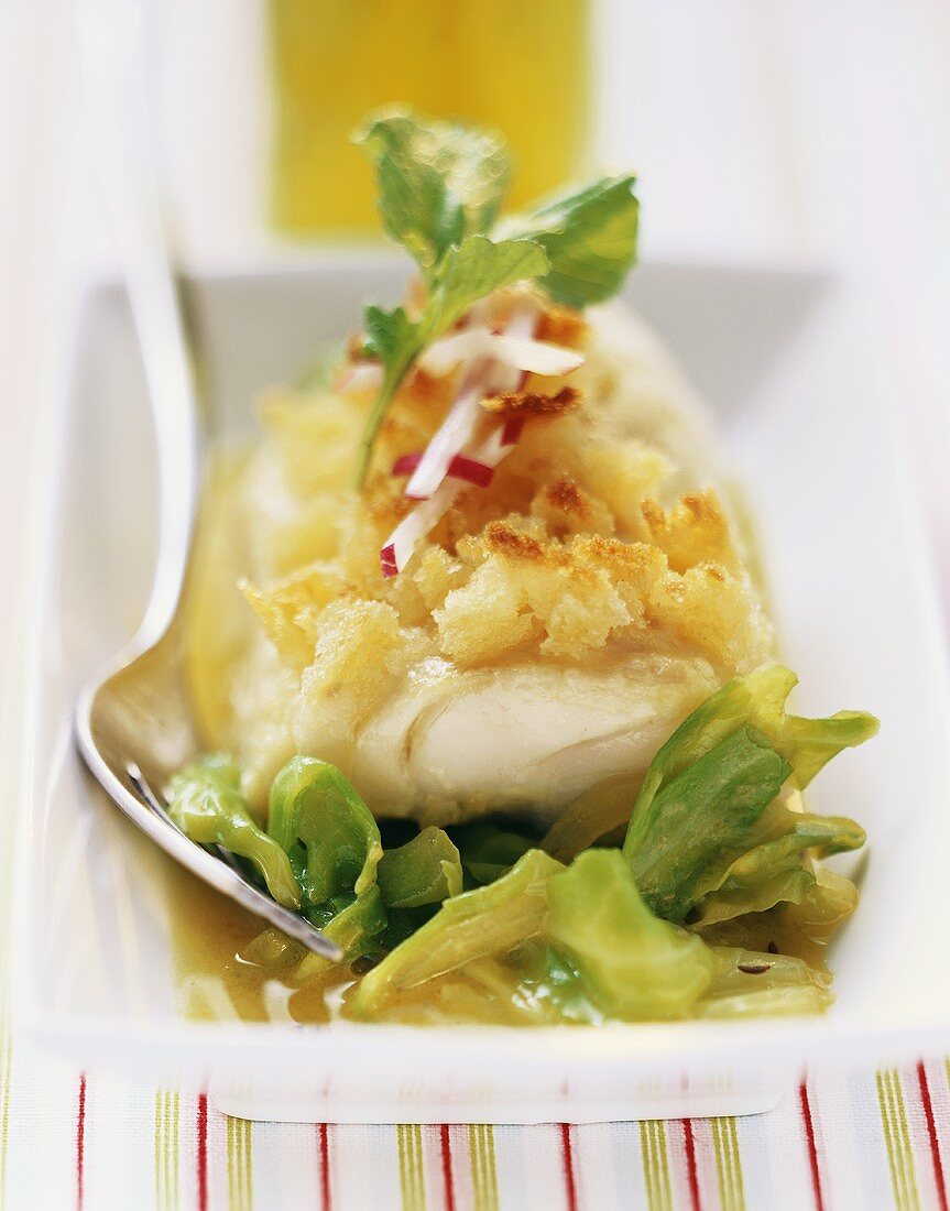 Fried cod with croûton crust and pointed cabbage