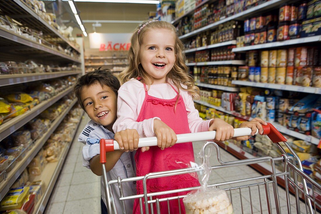 Two children with a shopping trolley in a supermarket