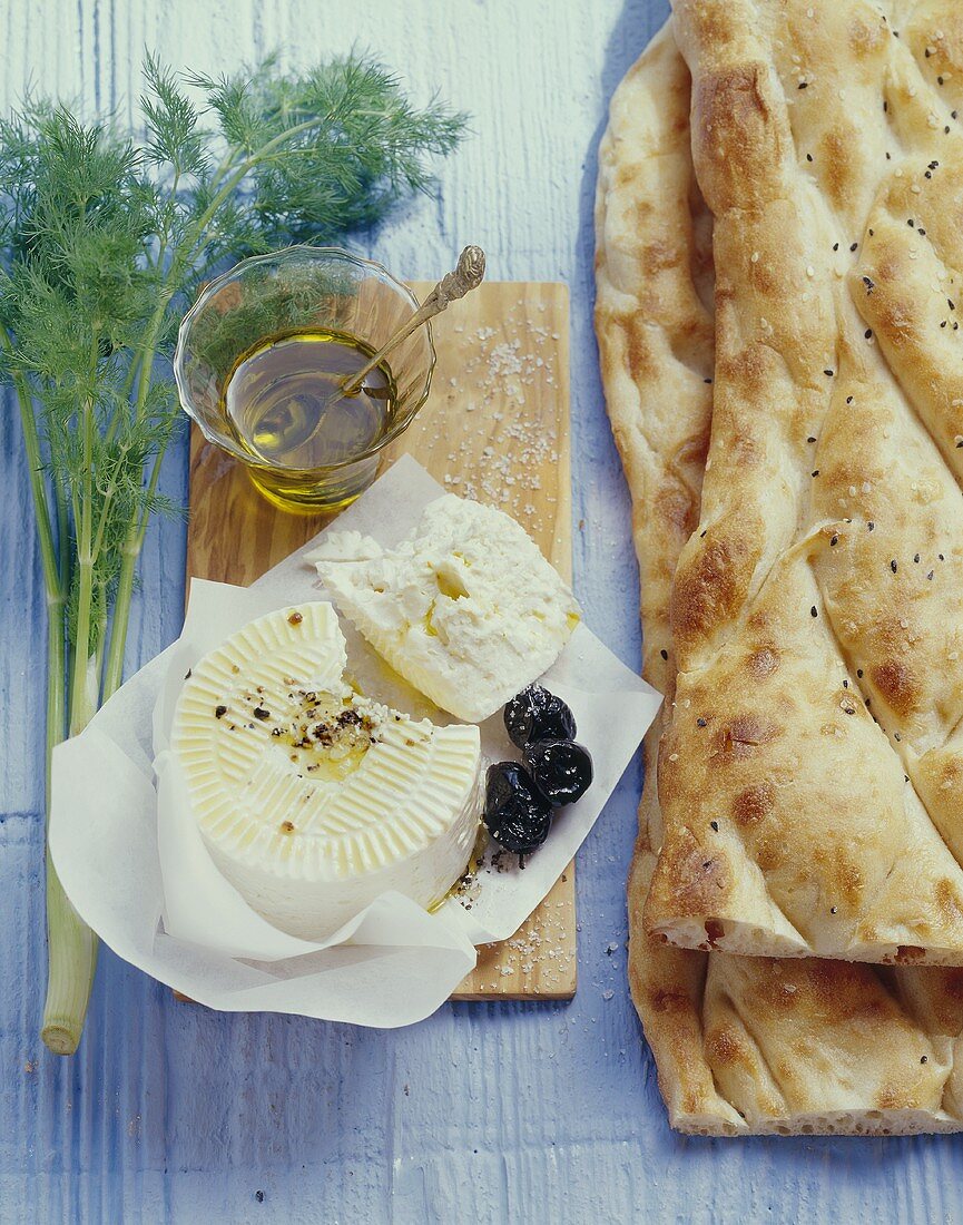 Turkish flatbread with sheep's cheese and olives