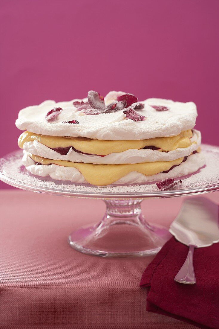 Layered meringues with candied rose petals