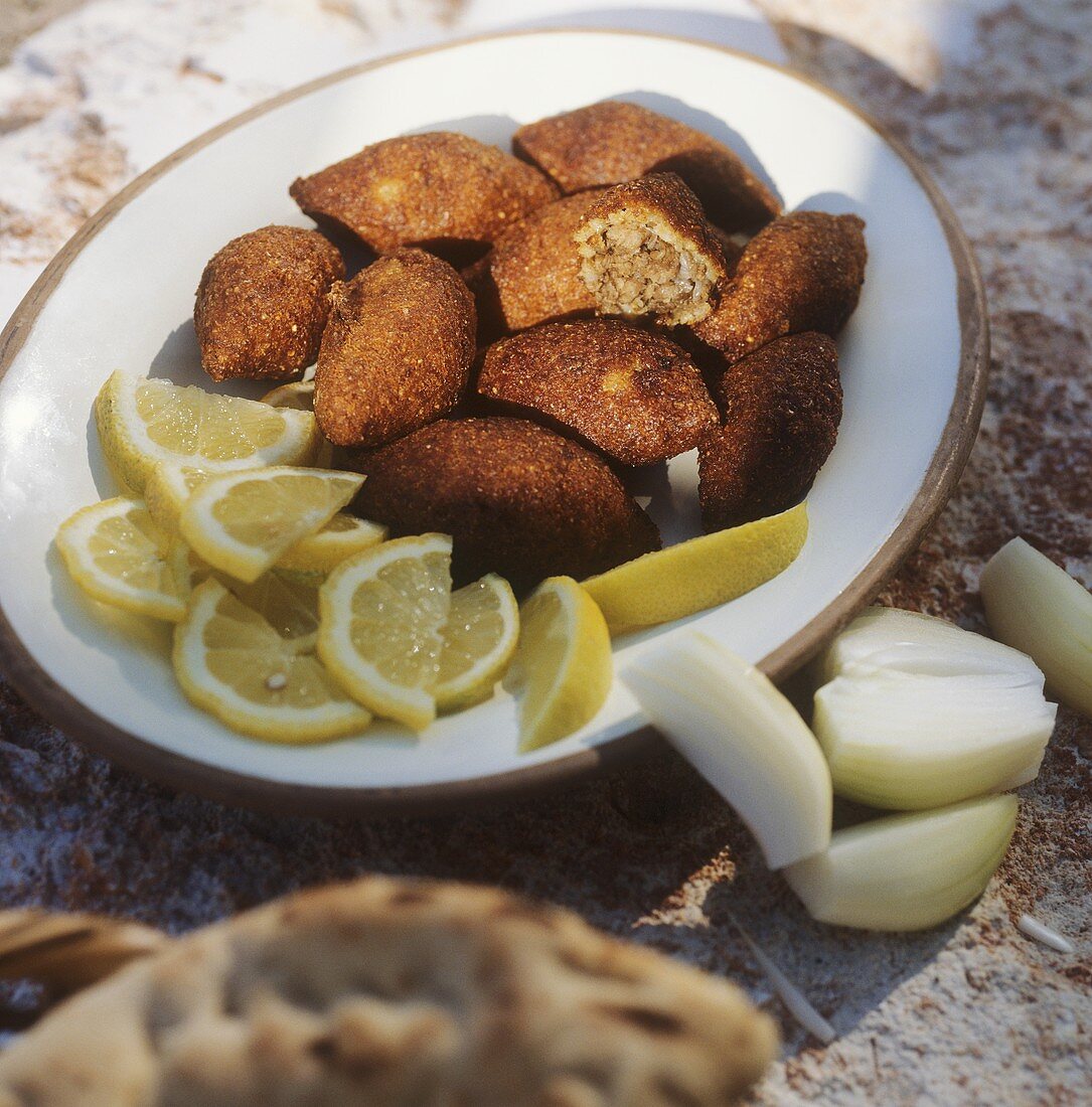 Deep-fried kibbeh (Middle Eastern meatballs with bulgur wheat)