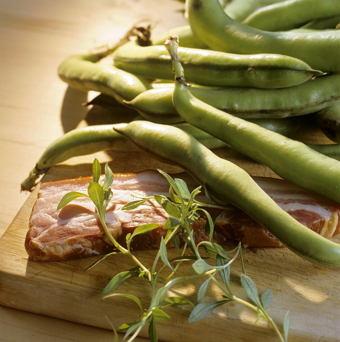 Broad beans, bacon, summer savory (typical Cologne foods)