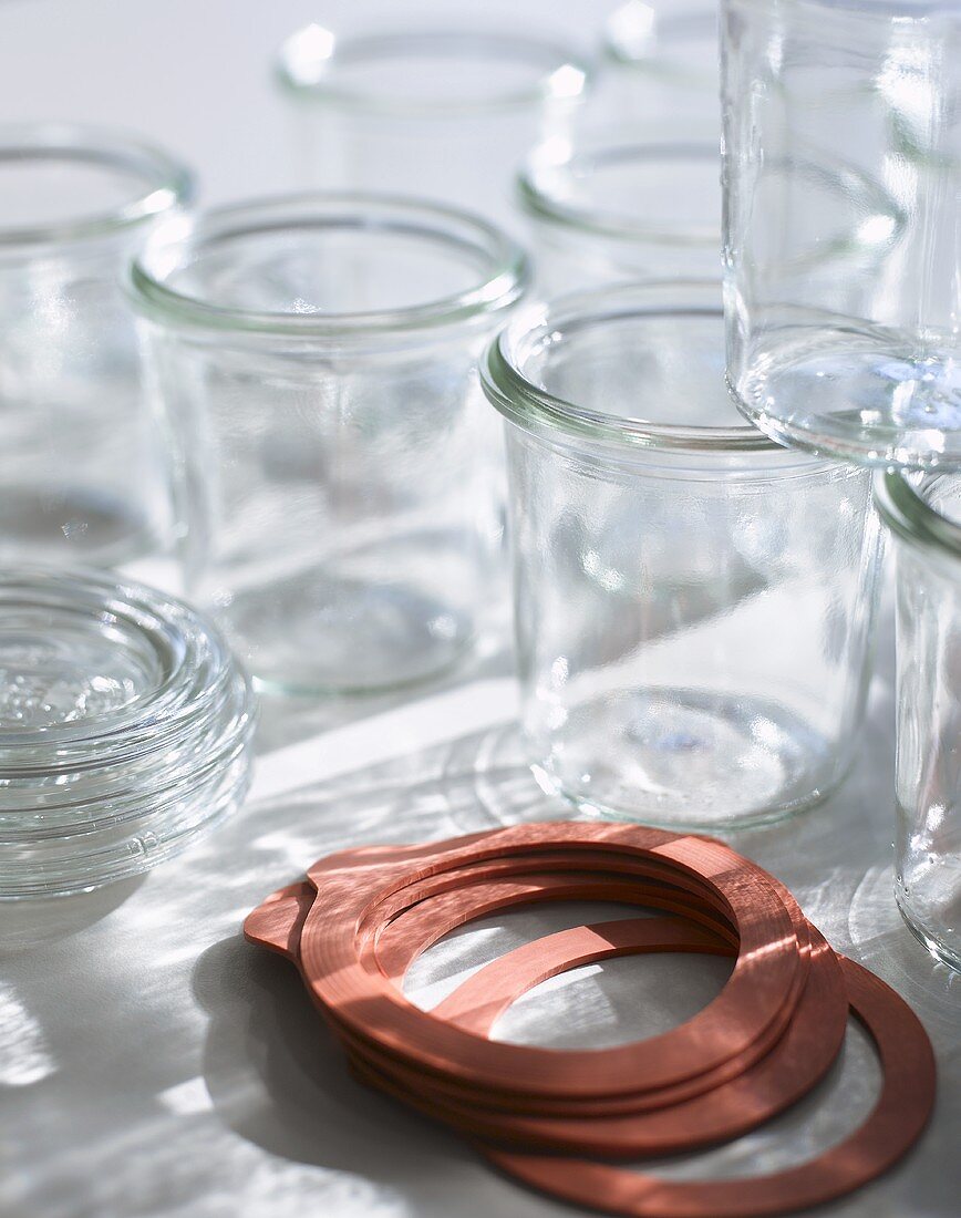 Empty jam jars and rubber rings