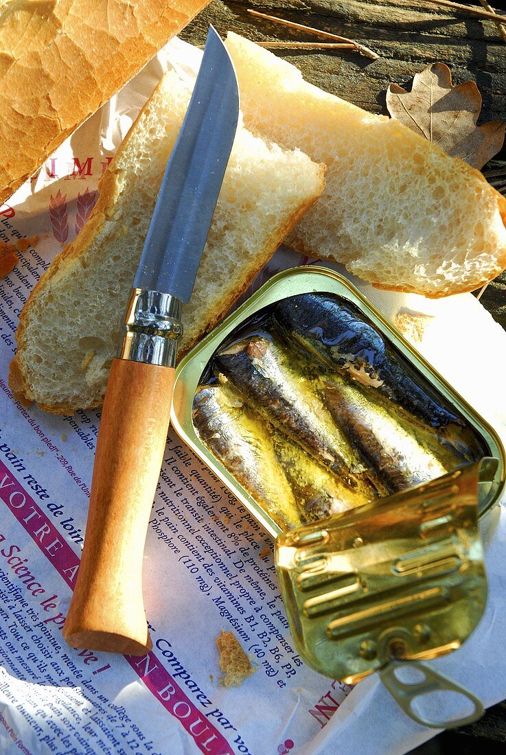 Opened sardine tin and baguette on newspaper (France)