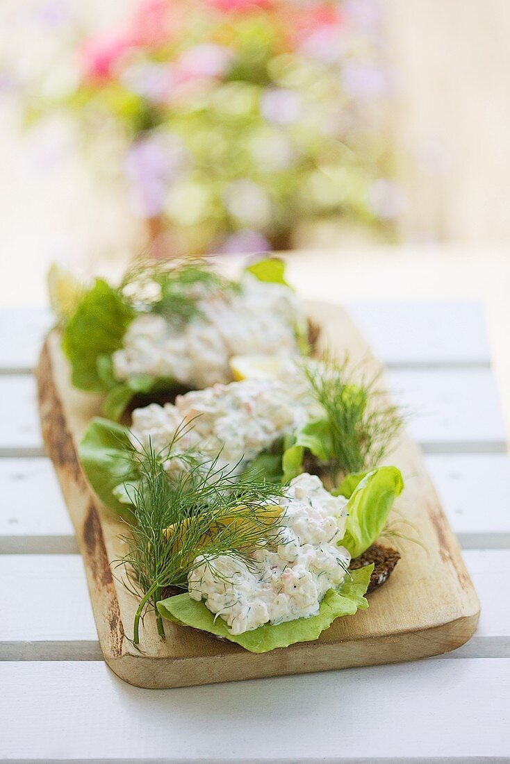 Shrimp salad and dill on wholemeal bread