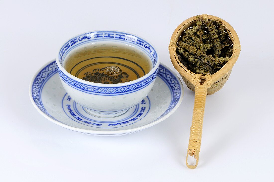 Schizonepeta tea (Japanese catnip) in Asian bowl