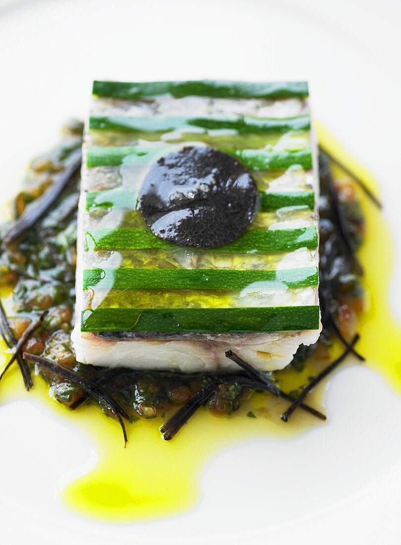 Sea bass with courgette jelly