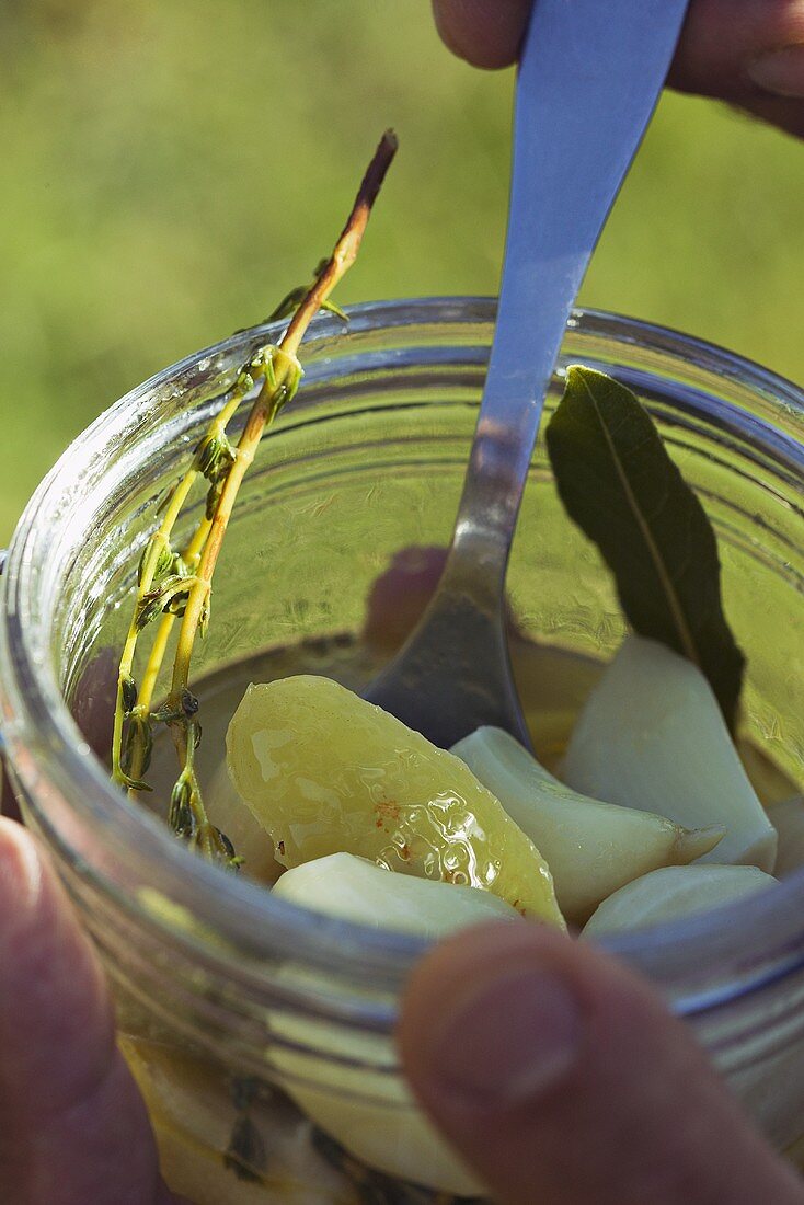 Hand holding a jar of pickled garlic