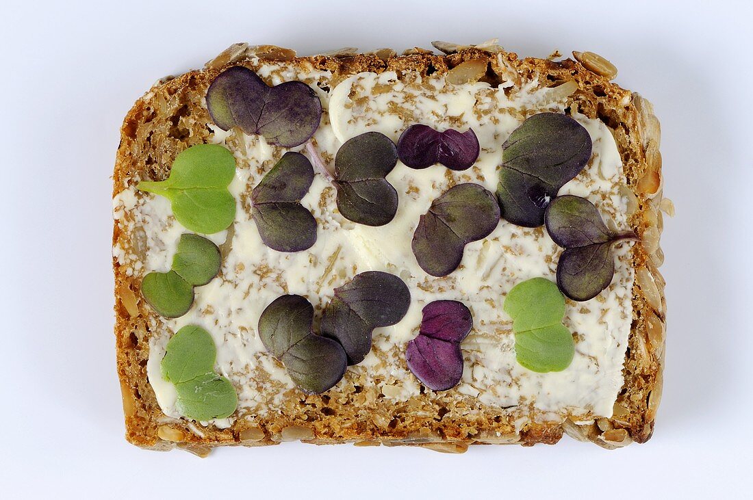 Radish sprouts on buttered wholegrain bread