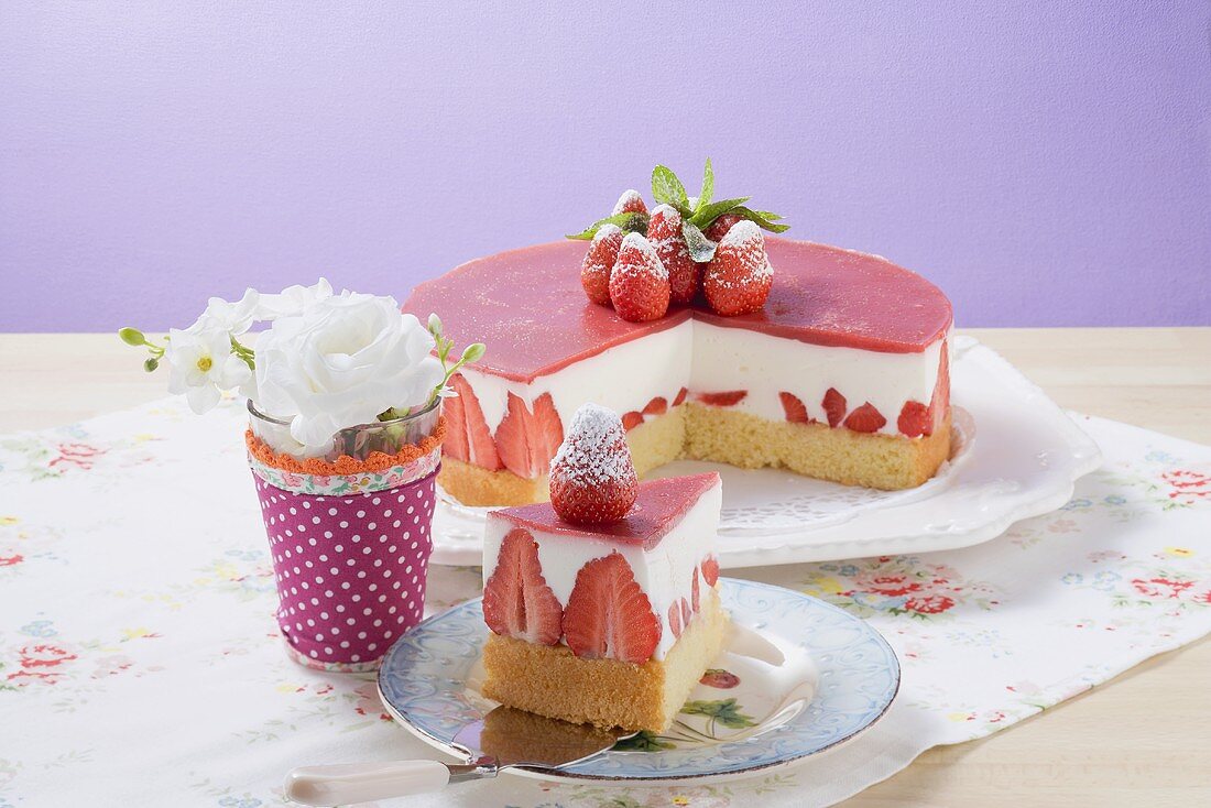 Strawberry yoghurt cake, pieces removed