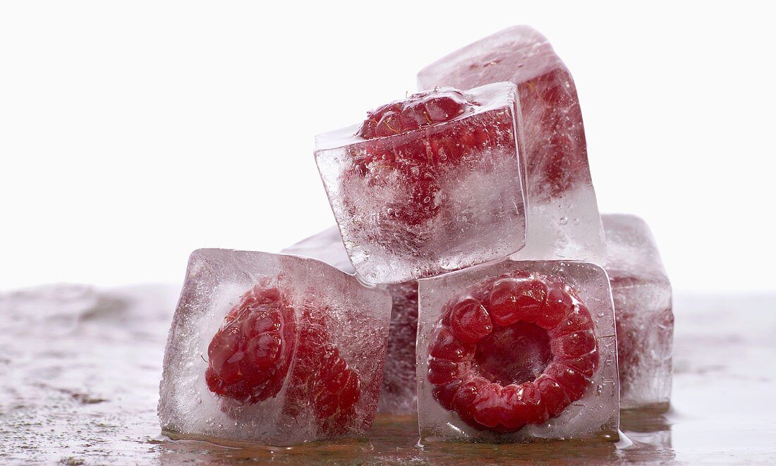 Several raspberry ice cubes
