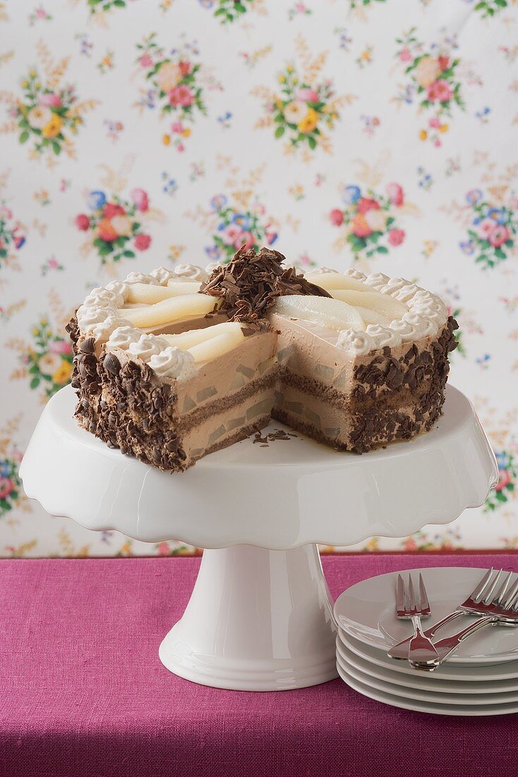 Chocolate and pear cake, a piece cut
