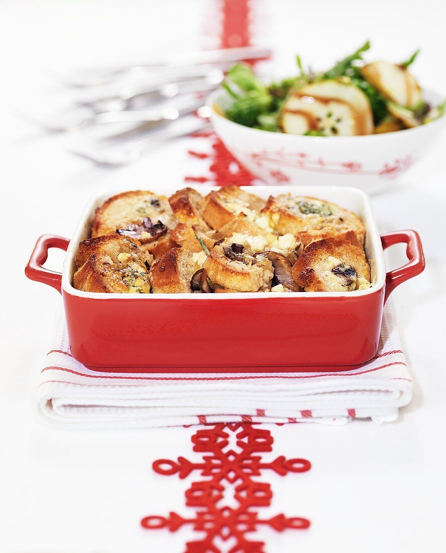 Savoury bread & butter pudding with mushrooms & blue cheese