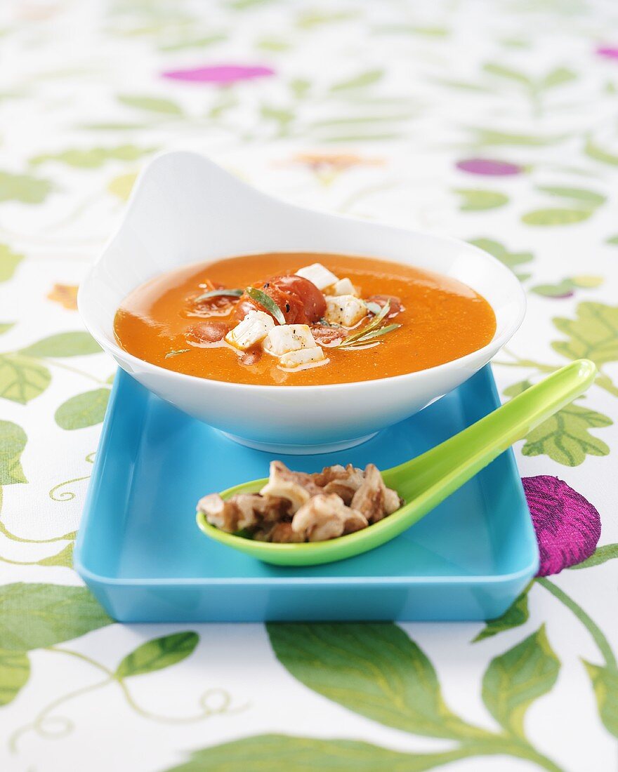 Tomato soup with feta and walnuts