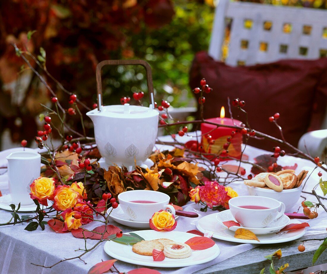 Roses and rose hips, wreath of autumn leaves