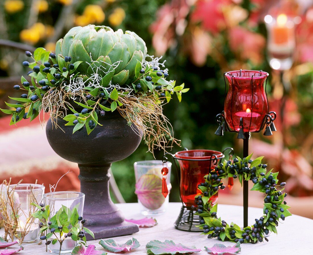 Arrangement of artichoke and myrtle