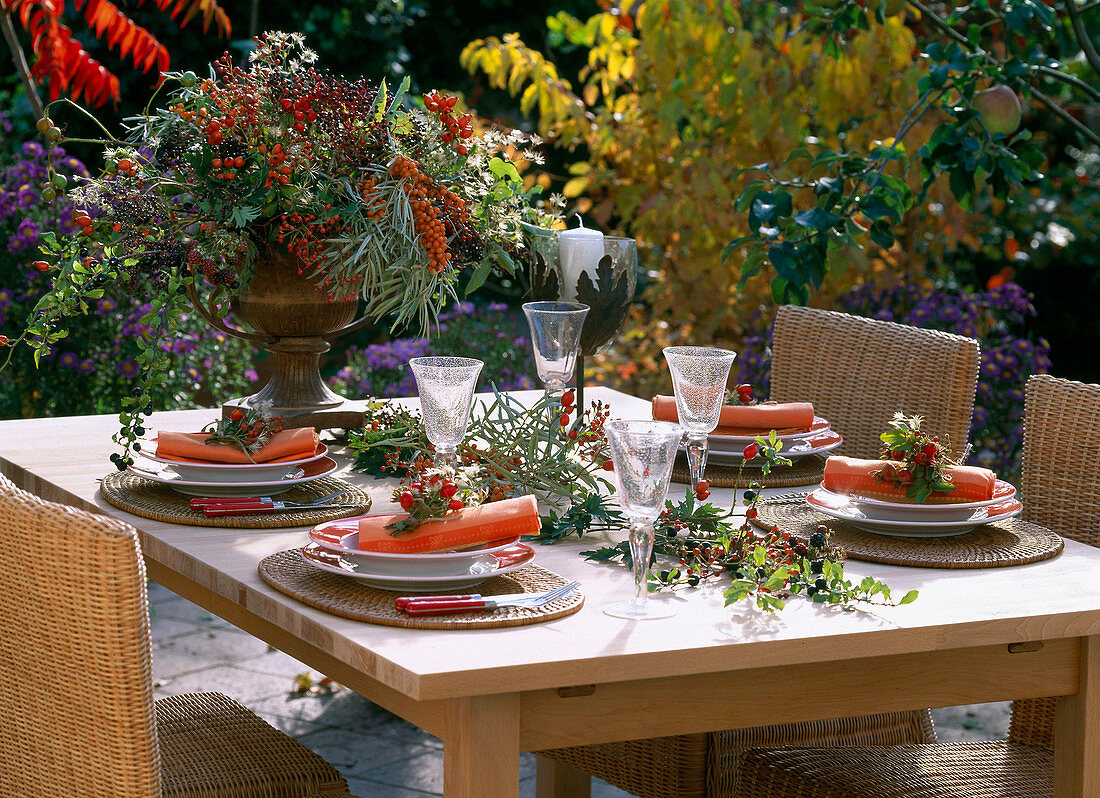 Laid table with berry decoration: rose hips, blackberries etc.