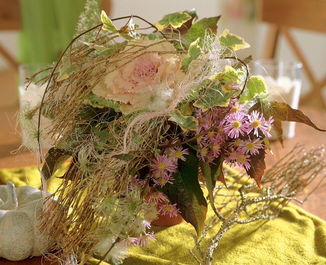 Arrangement of ornamental cabbage, asters & Clematis seed heads