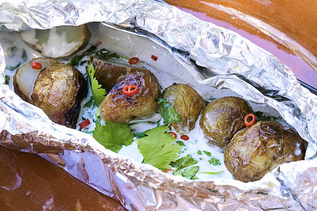 Charr with potatoes, coriander and coconut milk in foil