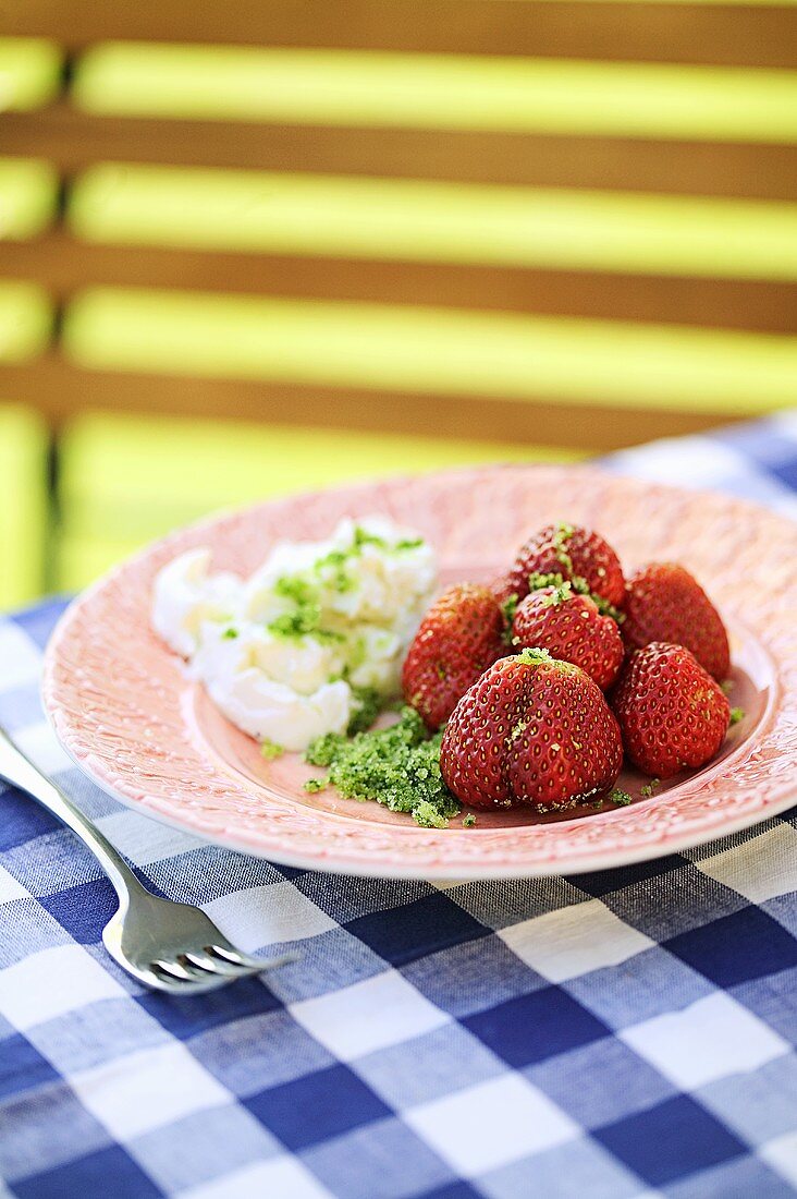 Frische Erdbeeren mit Ricotta und Basilikumzucker