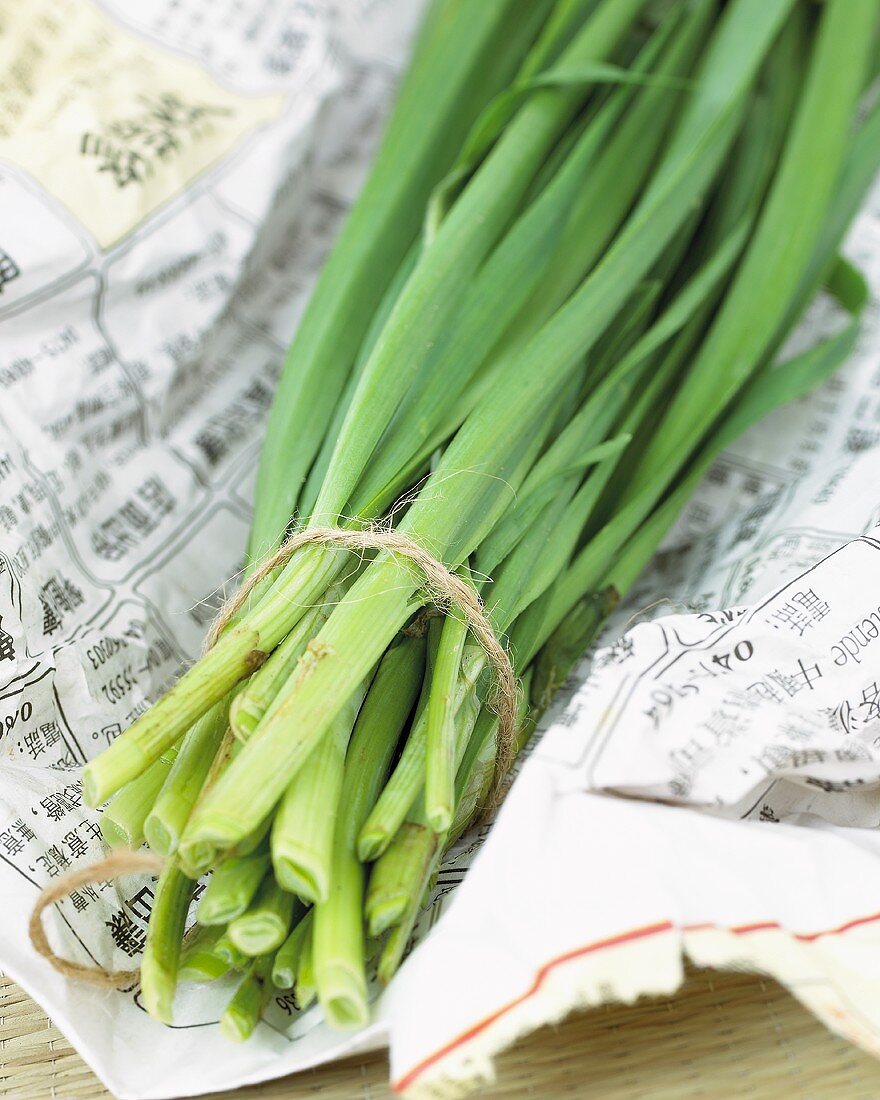 Garlic chives on Asian newspaper
