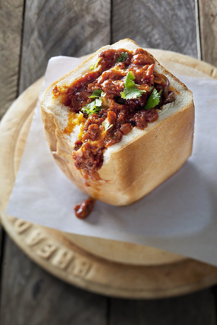 Bunny chow (Hollowed-out white loaf filled with curry, South Africa)