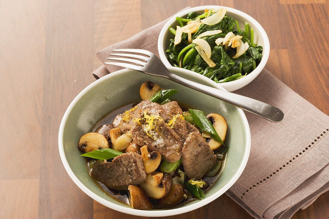 Lamb with spinach and chestnut mushrooms