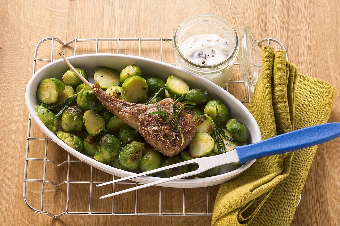 Lamb chop with Brussels sprouts and dip