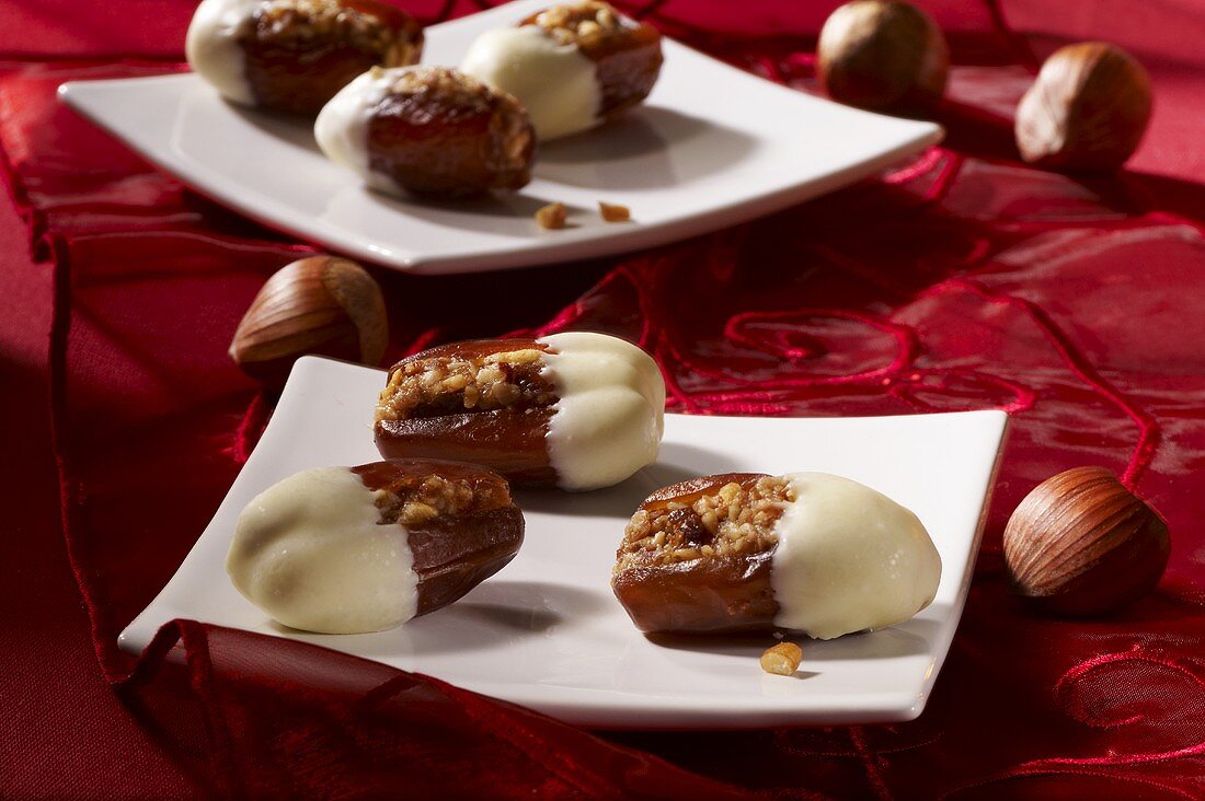 Dates stuffed with nuts dipped in white chocolate