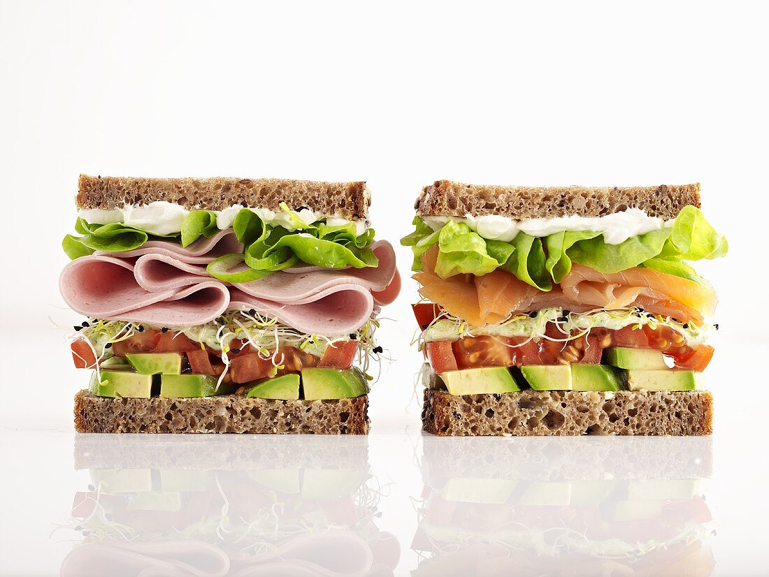 Sliced sausage and salmon sandwiches