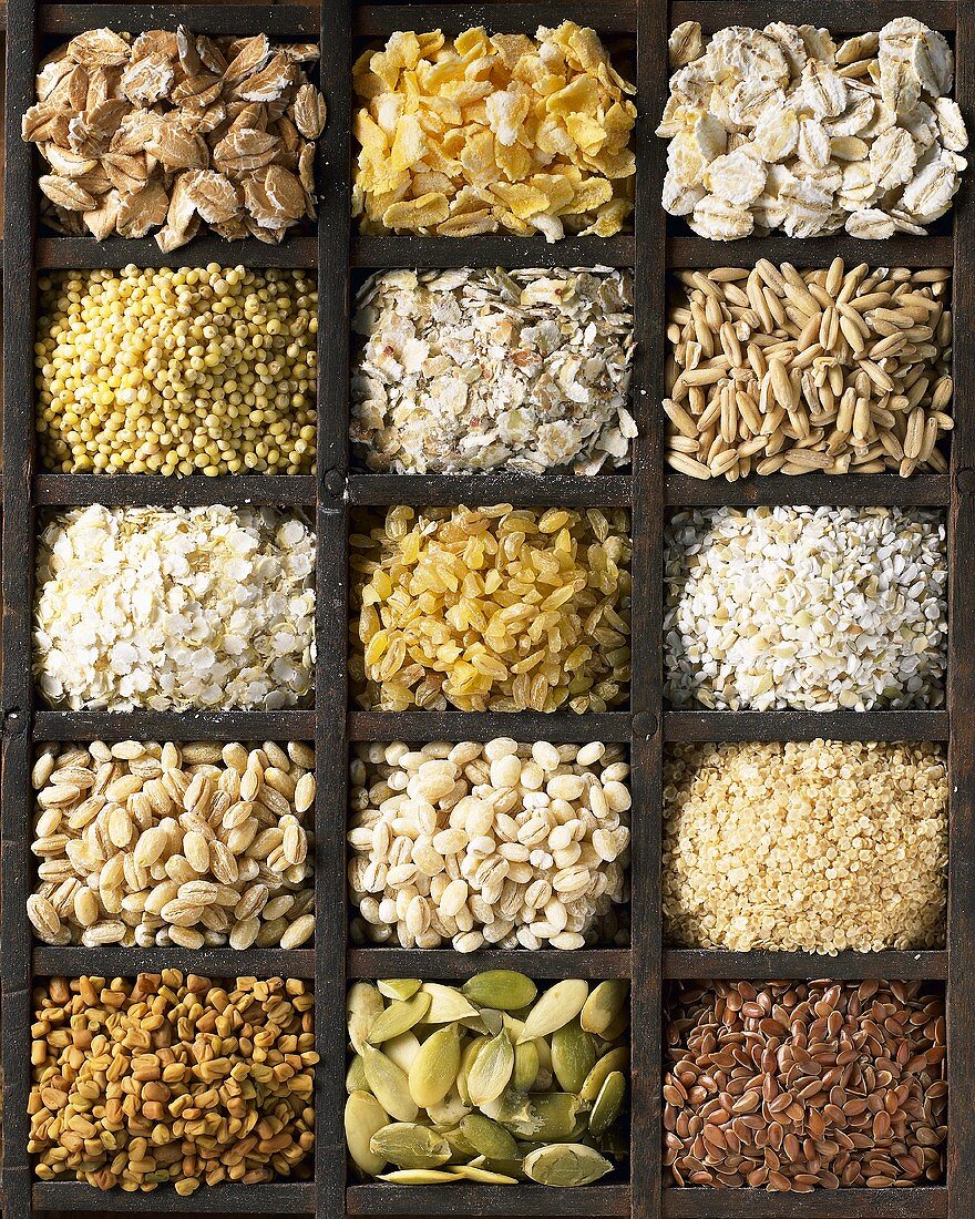 Verschiedene Getreidesorten und Getreideprodukte im Setzkasten