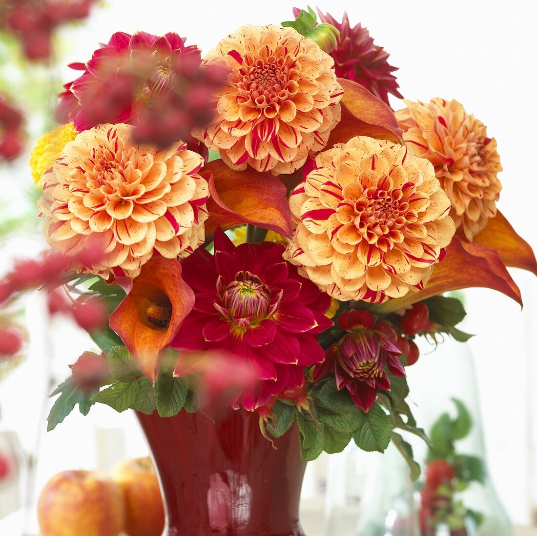 Vase of dahlias and other summer flowers