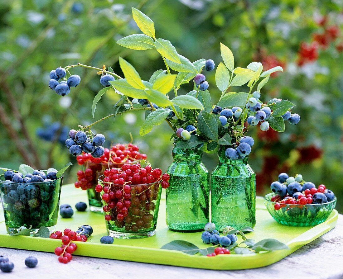 Redcurrants and blueberries in green glass containers