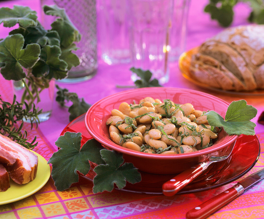 Bean salad with peppermint geranium and summer savory