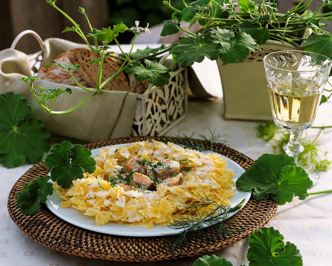 Farfalle with salmon cream sauce and scented geraniums
