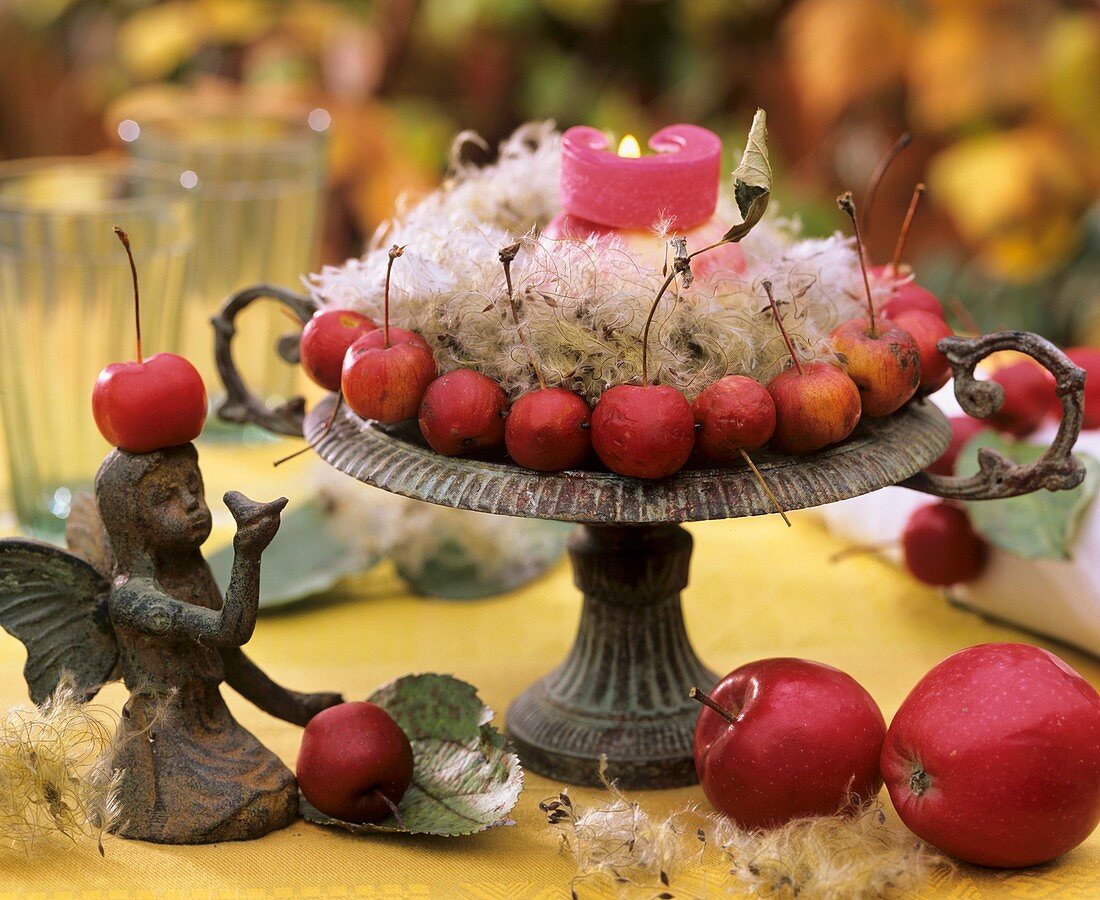 Ornamental apples and Clematis seed heads in an iron bowl