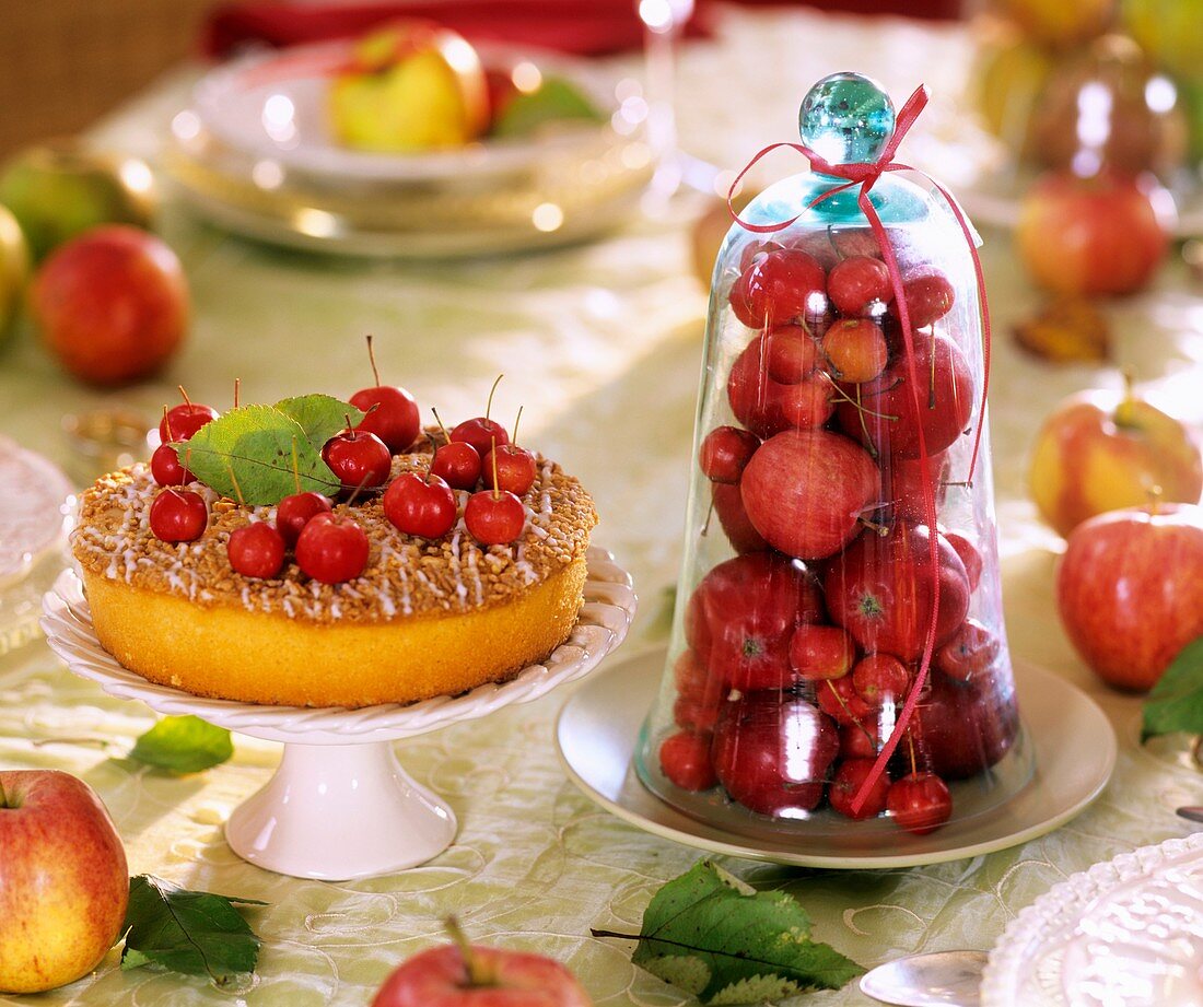 Apples under glass dome, apple cake beside it