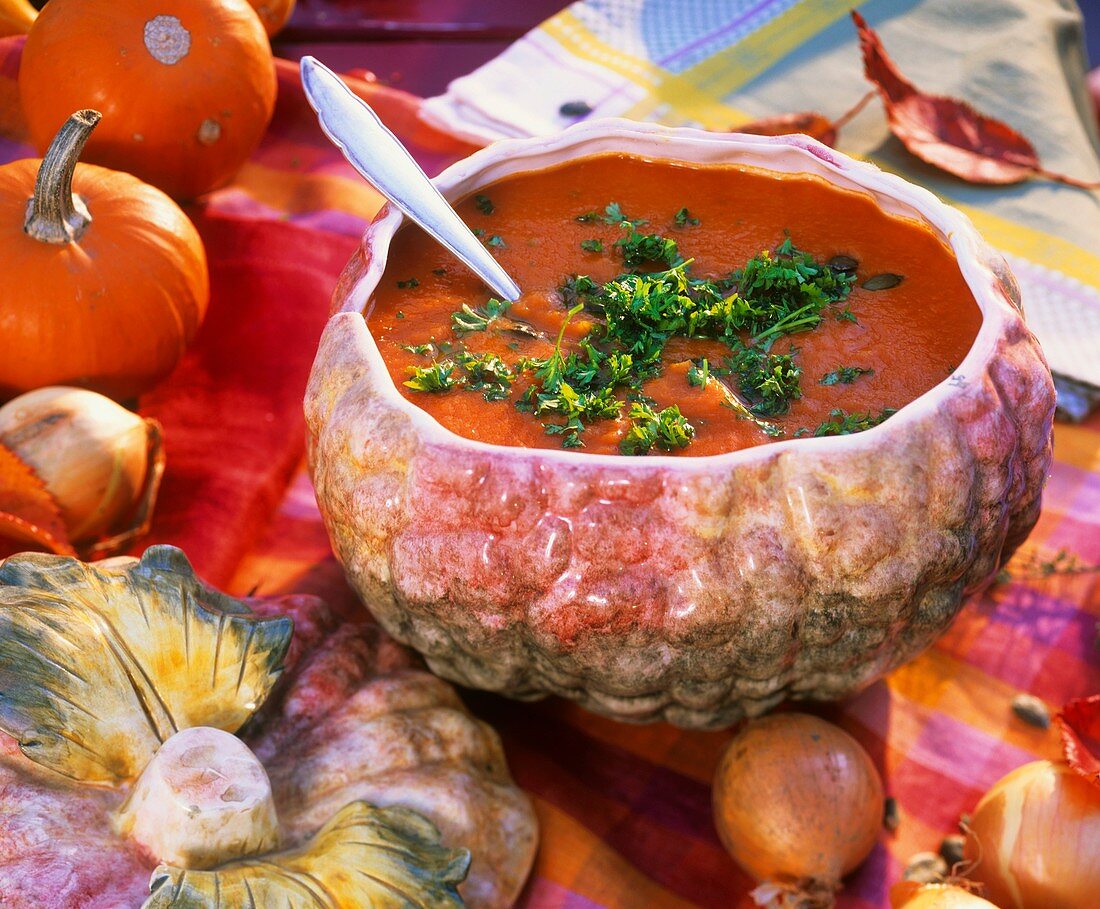 Pumpkin soup in soup tureen