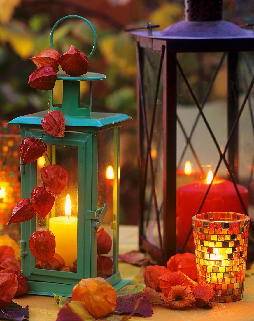 Lanterns with pillar candles, decorated with Physalis