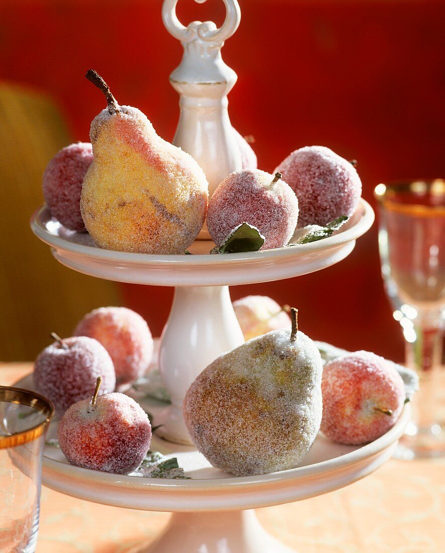 Sugared apples and pears on tiered stand