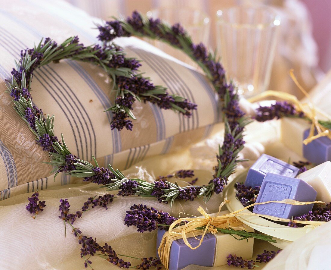 Wire heart with lavender, lavender and rose soap