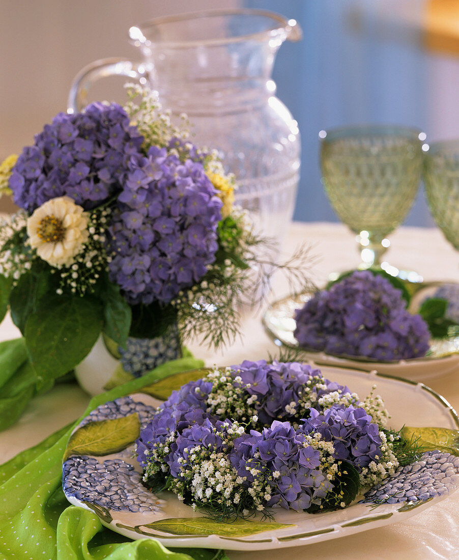 Arrangement of hydrangeas, zinnias and Gypsophila