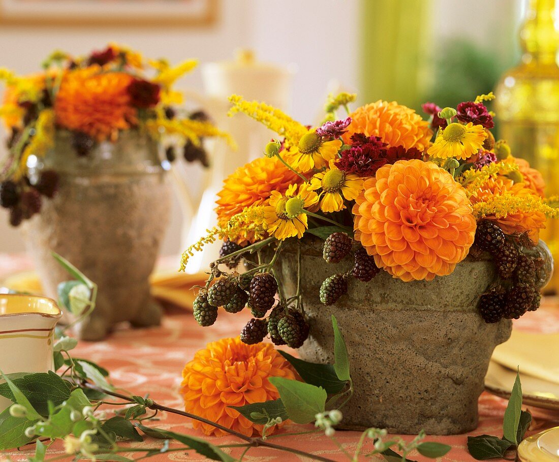 Spätsommerstrauss aus Dahlien, Sonnenbraut und Brombeerranken