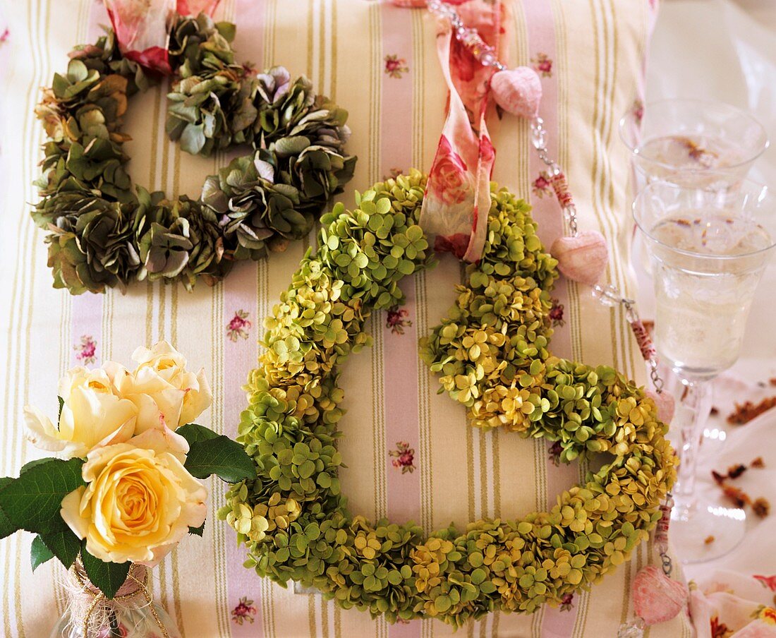 Hearts with dried hydrangea flowers and yellow roses