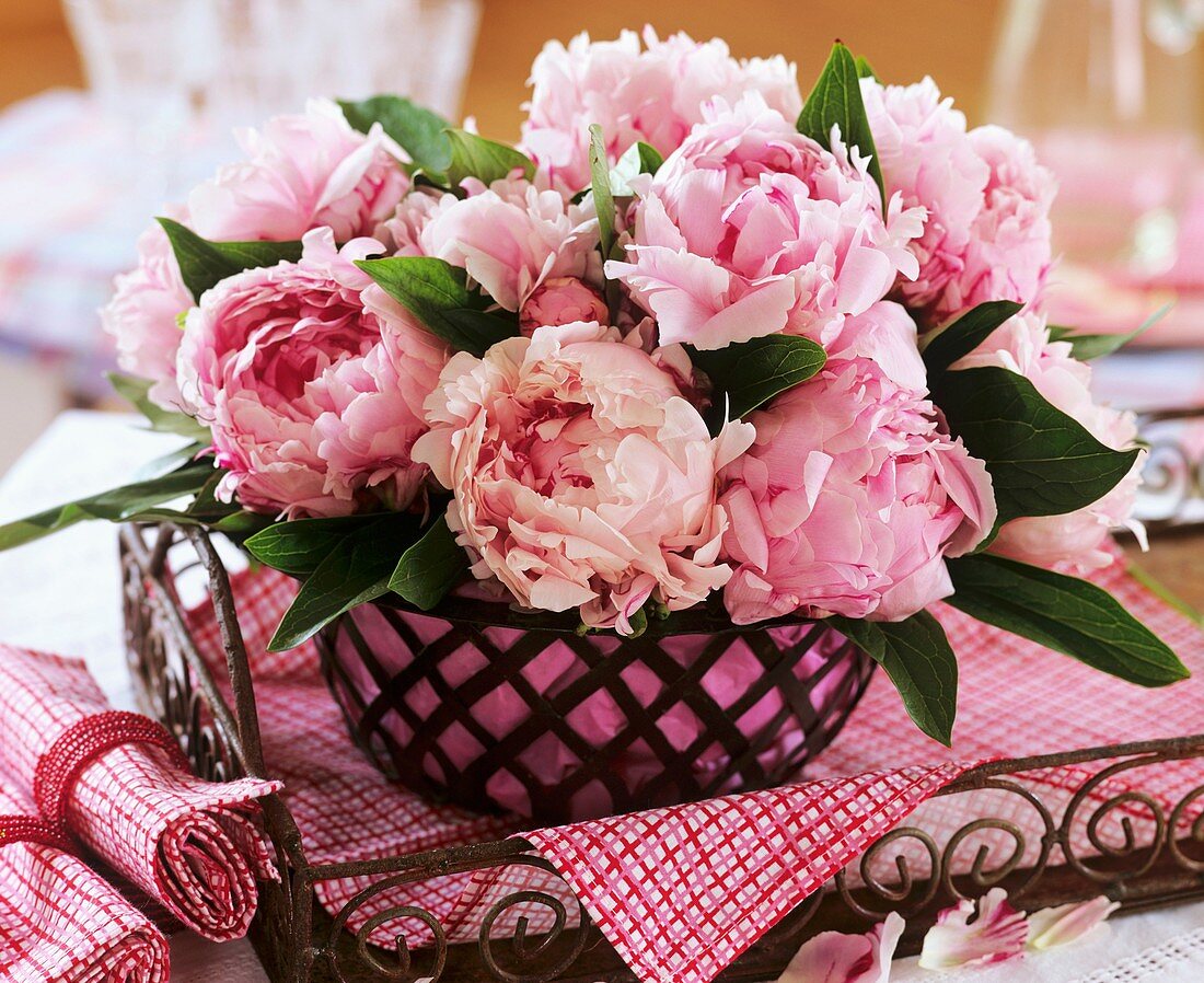 Peonies in metal basket