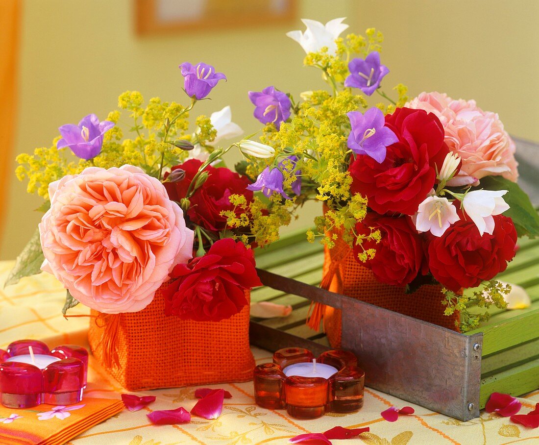 Roses, Campanula and lady's mantle as table decoration