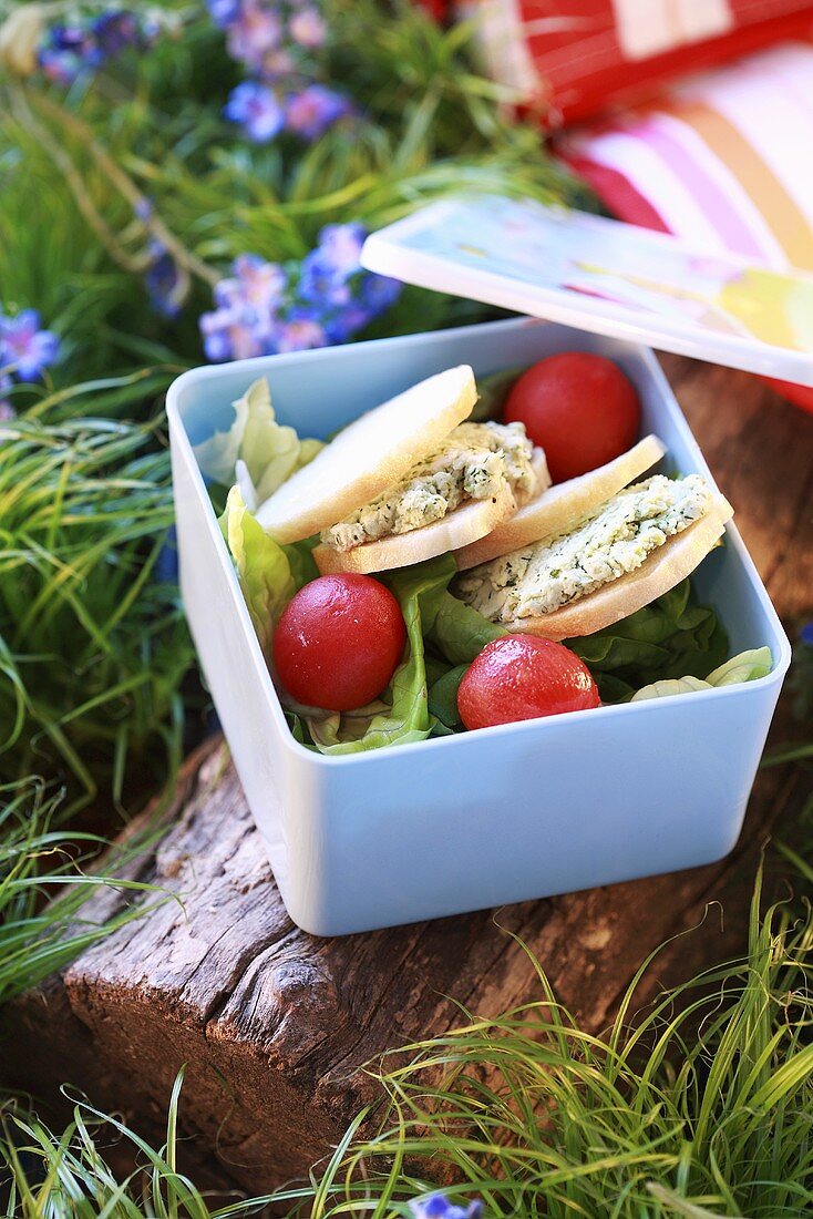 Sandwiches mit Geflügelaufstrich und Tomaten in Lunchbox